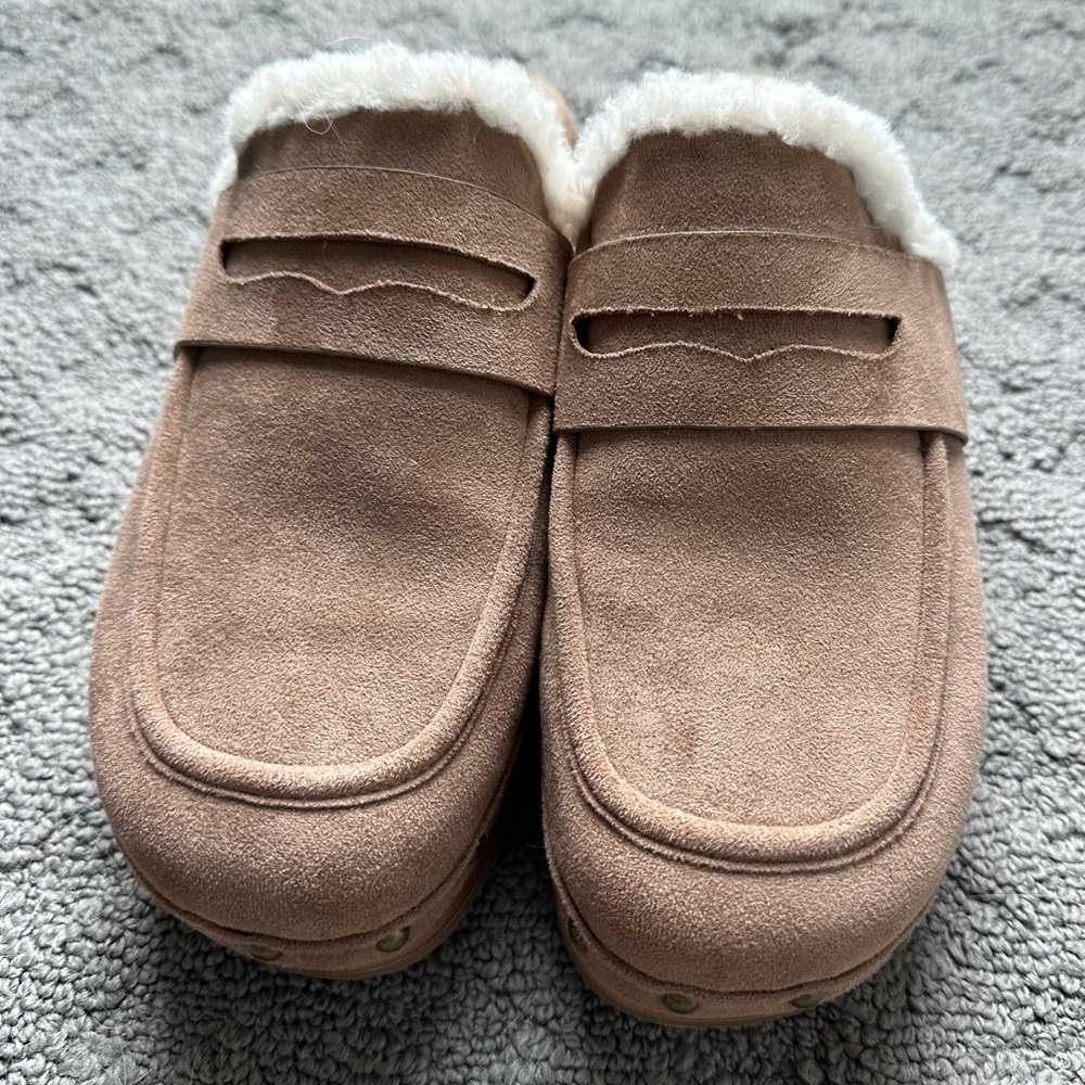 Natural Reflections Taupe Suede Faux-Fur Lined Mules